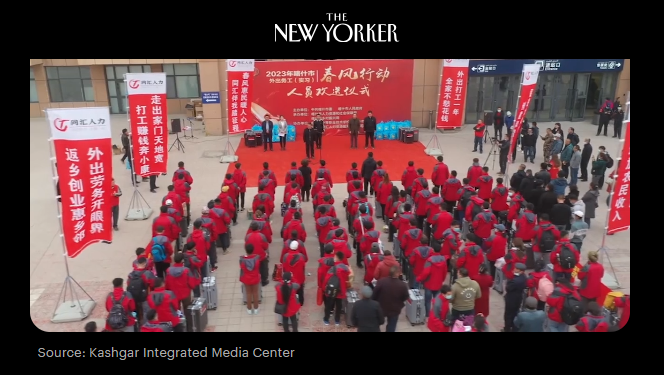 Screenshot of New Yorker page with image of "job fair" for forced laborers