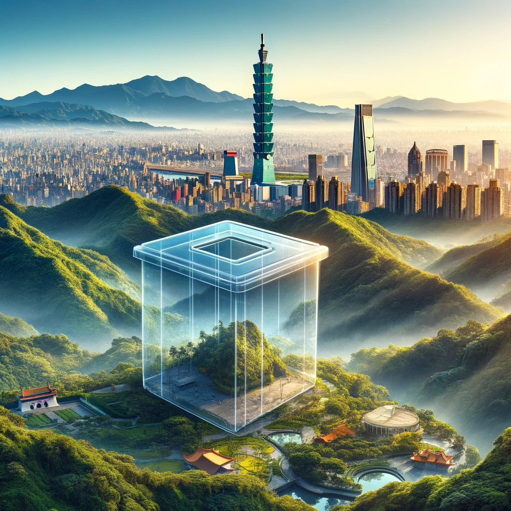 A ballot box floating in front of a stylized landscape around Taipei