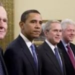 Former presidents Bush, Obama, Bush, Clinton, and Carter