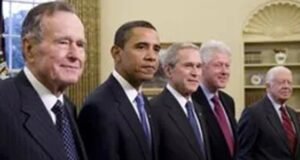Former presidents Bush, Obama, Bush, Clinton, and Carter