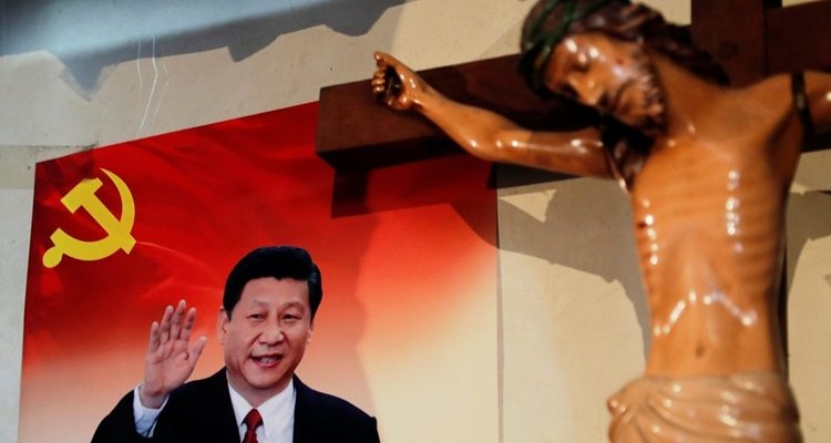 Xi Jinping on a poster next to Jesus Christ on a cross