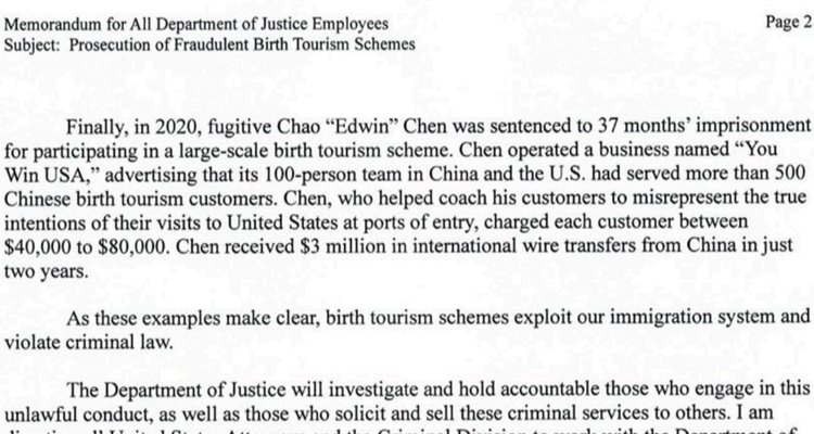 Justice memo on investigating birth tourism