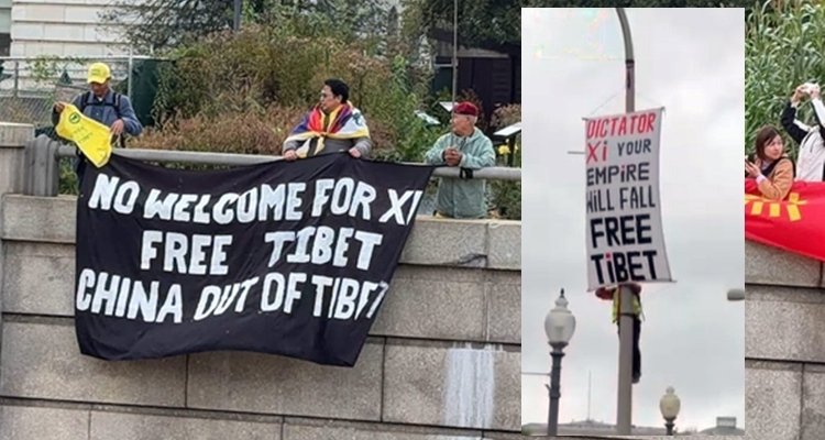 Protesters flourish No Welcome for Xi sign